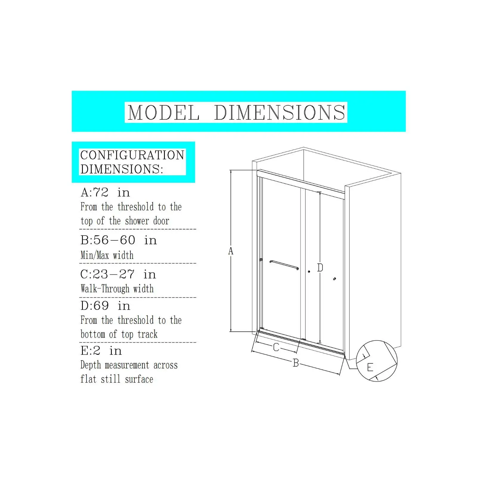 Pintu Kamar Mandi Semi-Frameless Hitam Matte, 6mm, Cocok untuk Lebar 56''-60'' x Tinggi 72''
