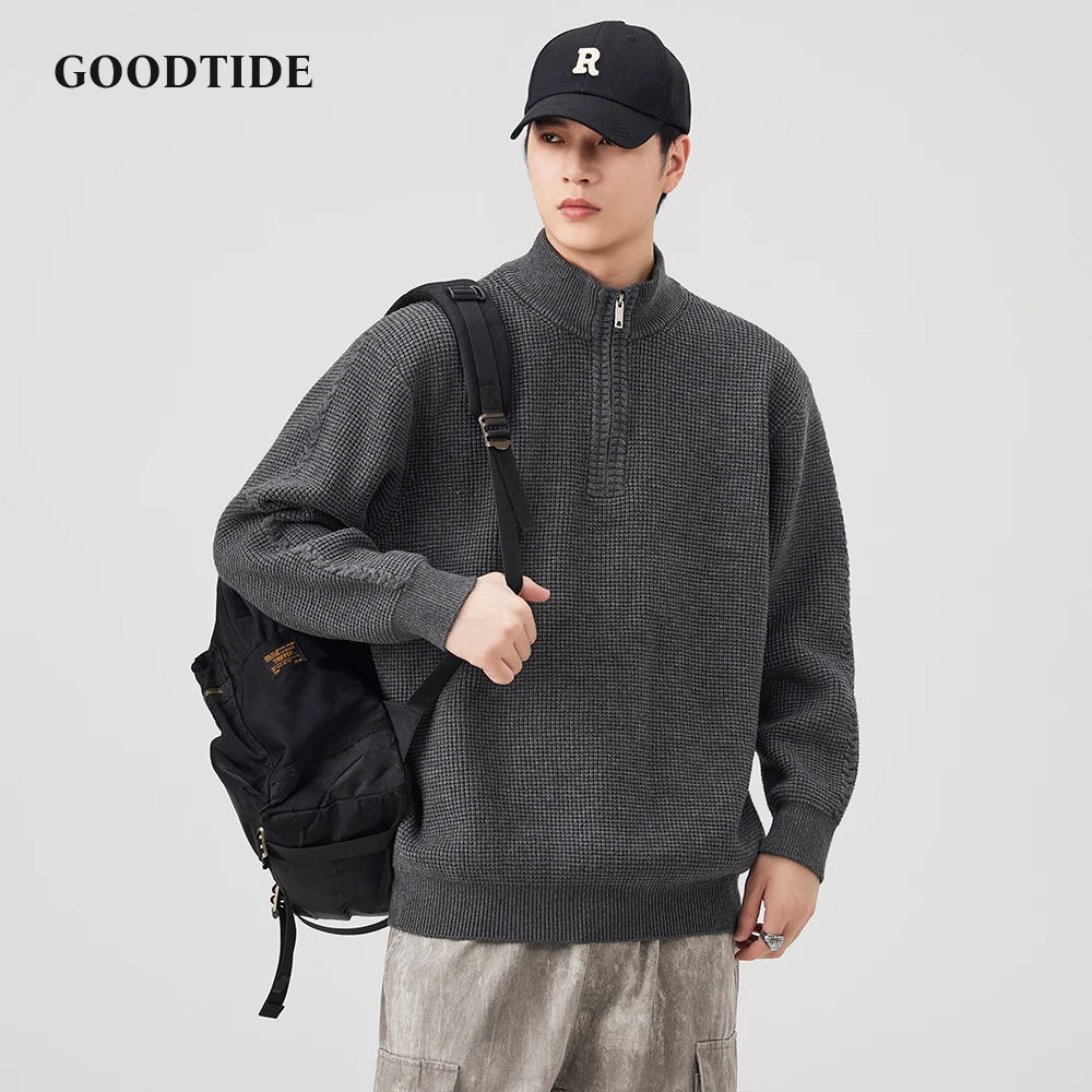Winter Fashion Men's Casual Half - Zip Turtleneck Sweater Black Waffle Knit Pullover Comfortable Soft Long Sleeve Jumper Top