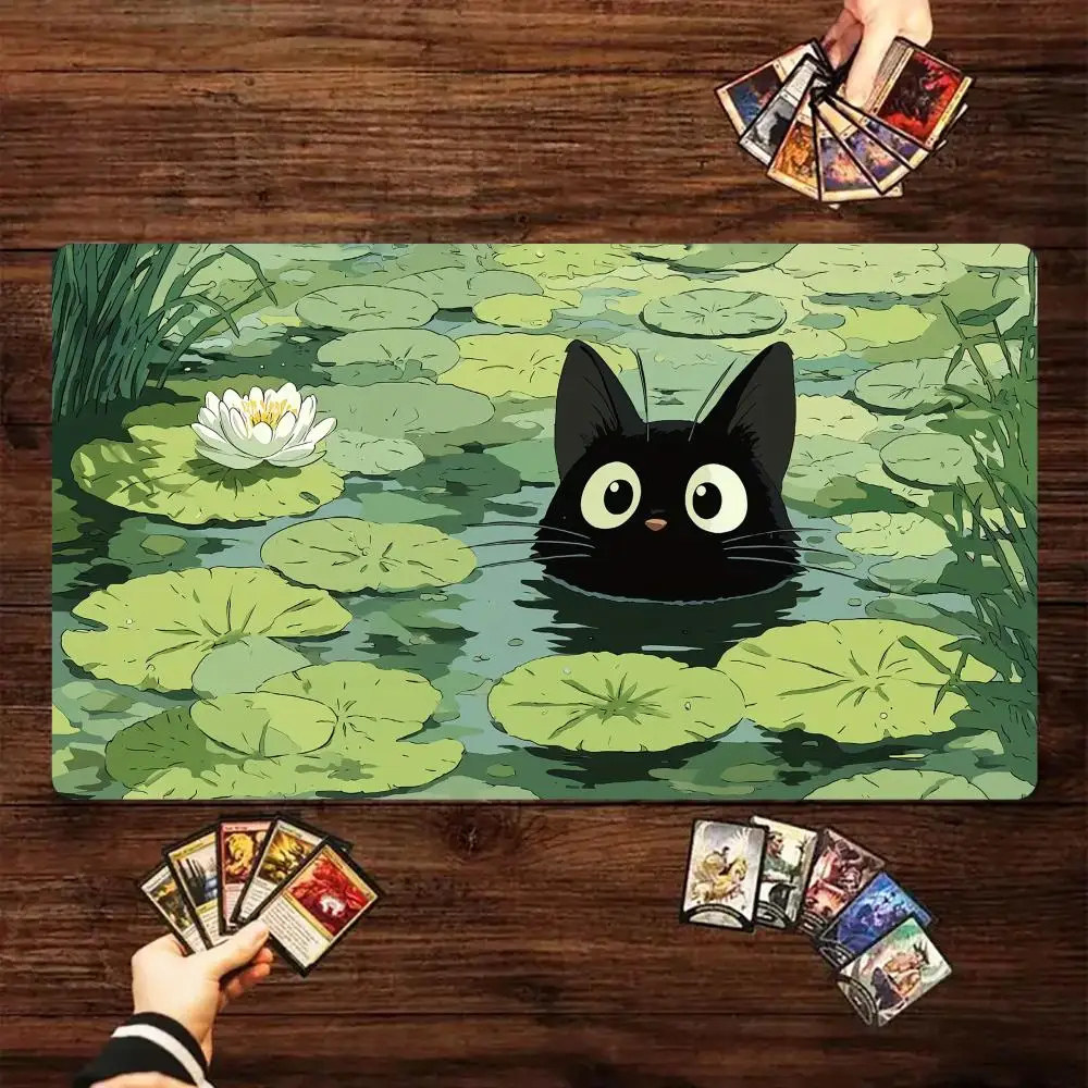 Green Lotus Leaf and Black Cat Design TCG Playmat Magic Card Battle Mat 35X60CM Gathering Gaming Mats Tapete Magic Mat Card Pad