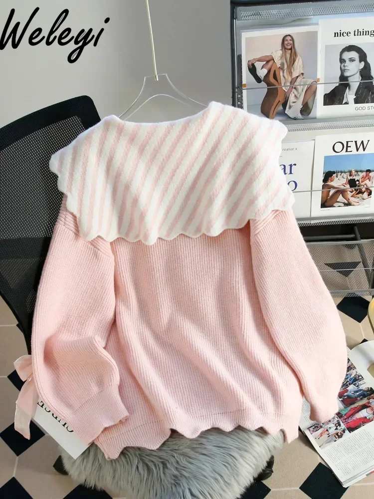 Sanfte Frau Puppe Kragen Bogen Rosa Pullover Warme Tops frauen Herbst und Winter 2024 Neue Süße Lose Lange hülse Bögen Gestrickte Top