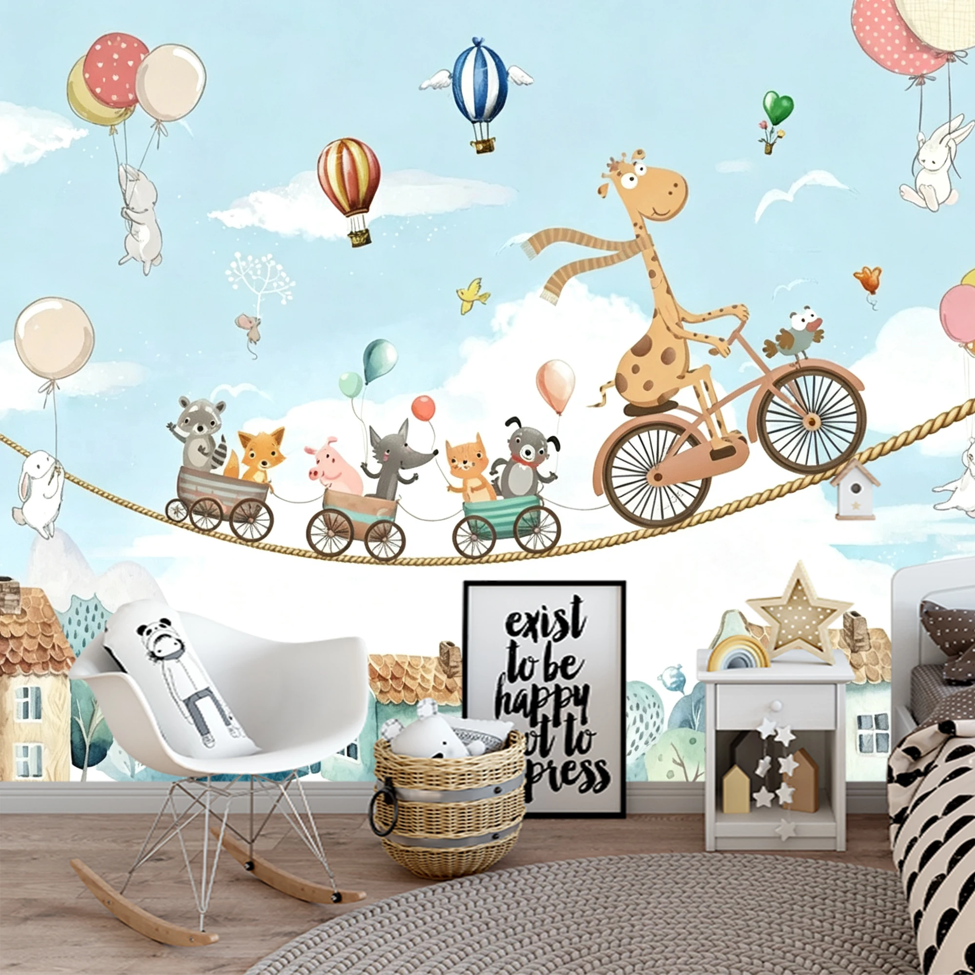 Custom Mural Wallpaper Kids Cartoon Peel And Stick Wall Giraffe Animal Train Balloon Cloud House For Nursery Bedroom Home Decor