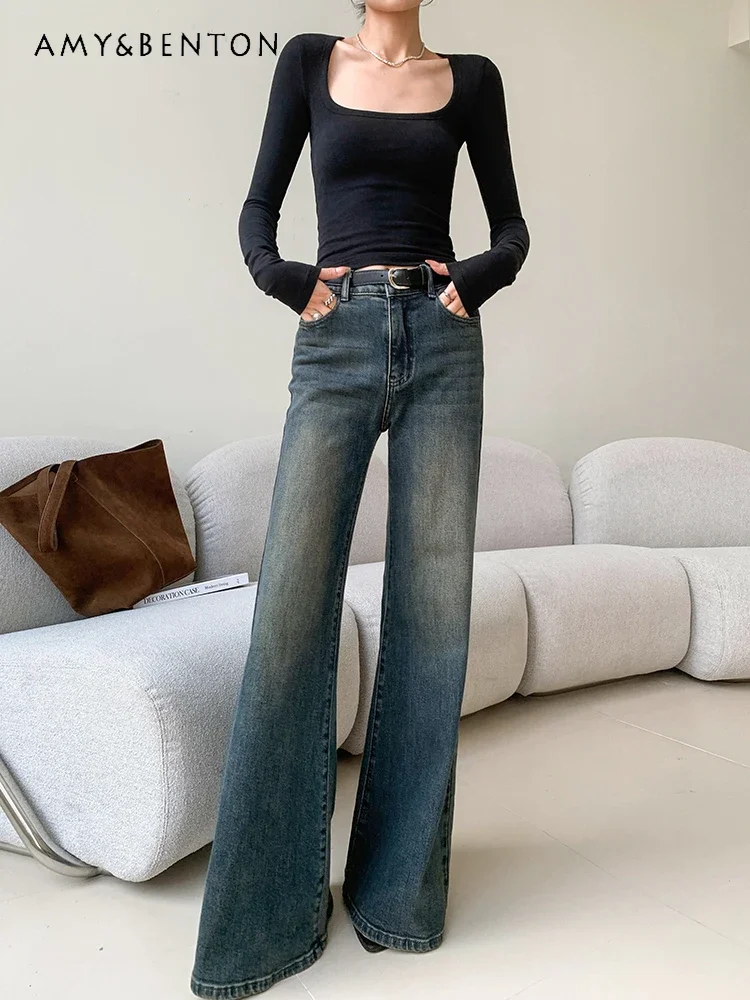 Retro Washed Blue Jeans Women 2024 Early Autumn New Fashion Flared Pants High-end Temperament Do Old Wide-leg Pants Women