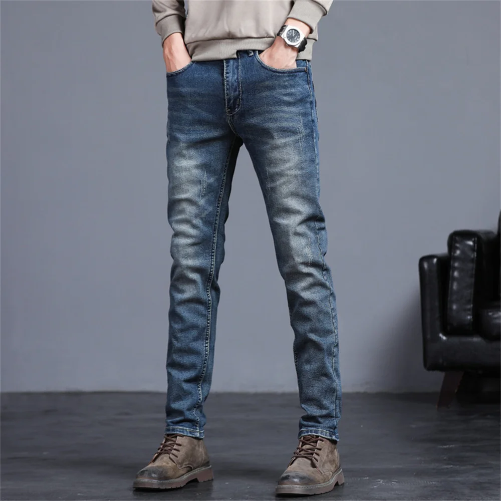 Men's Classic Regular Fit Fleece Jeans Business Fashion Loose Casual Stretch Pants Male Brand Plus Velvet Padded Warm Trousers