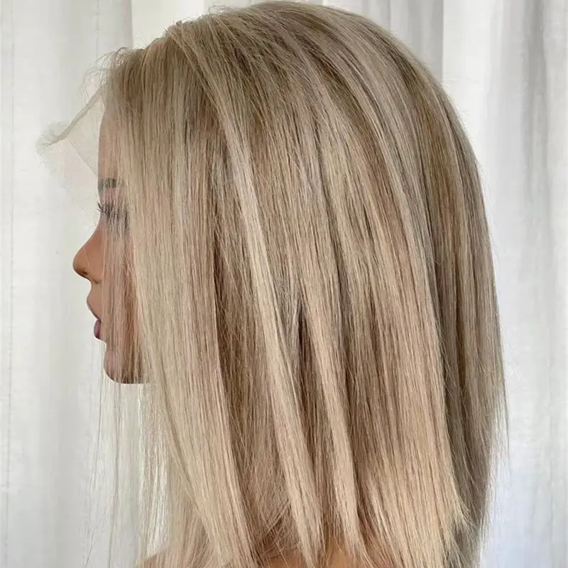 Short Straight Bob 13x4 Middle Part Ombre Ash PLatinum Balayage Highlights HD Lace Front Wig High Quality Synthetic Wig 12 Inch