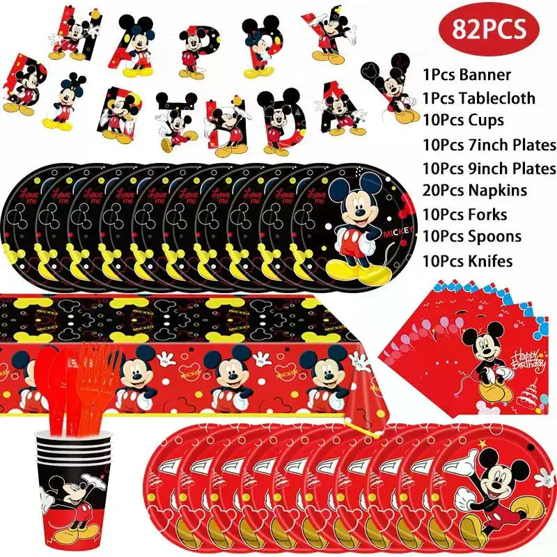 Red Mickey Mouse Party Decoration Birthday Supplies Disney Mickey Theme Tableware Set Happy Backdrop Balloons Deco For Kids Boy