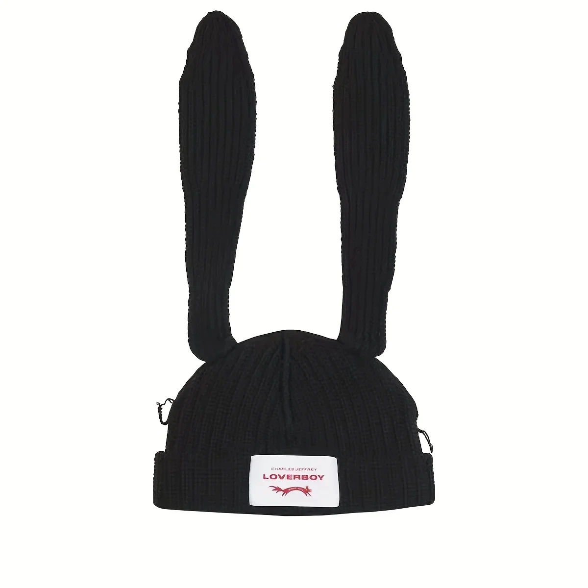 New Rabbit With Ear Label Patch Black Knit Hats Winter Warm Thick Elastic Skull Cap Long Bunny Ears Cuffed Beanies For Women