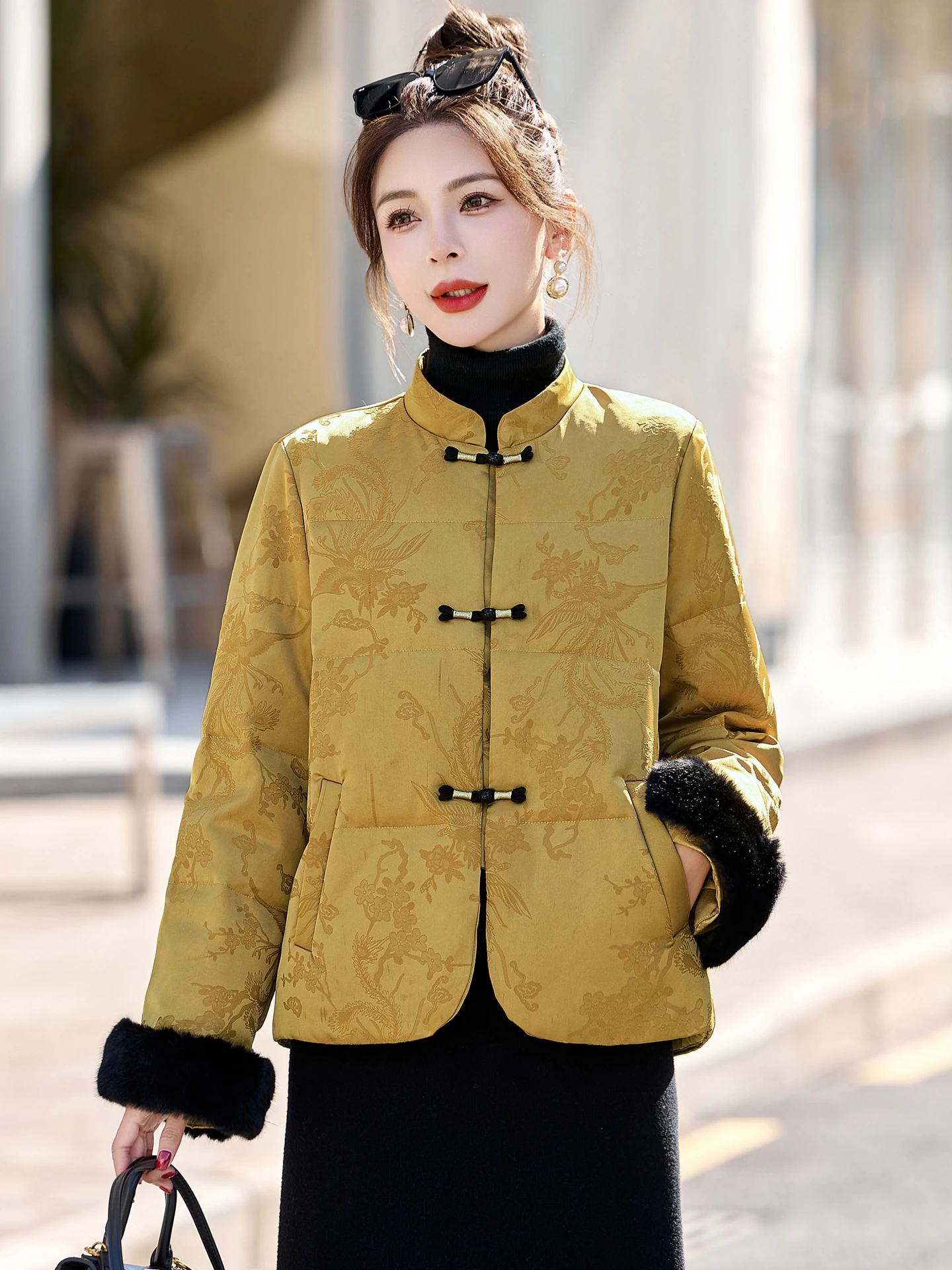 Novo Sle Chinês Tamanho Pequeno para baixo Jaet Or Feminino Inverno High End Personali National Sle Gola Botão Branco D...