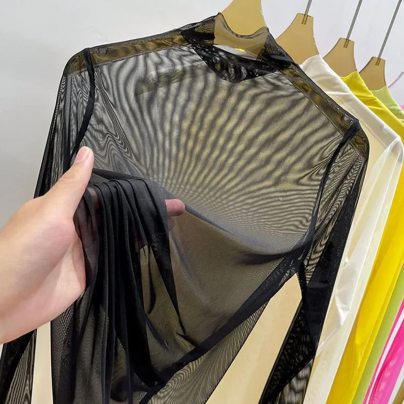 Women Transparent Gauze Bottoming T-shirt Clothing Summer Long Sleeved T-shirt with Gauze Shirt Half High Collar Sunscreen