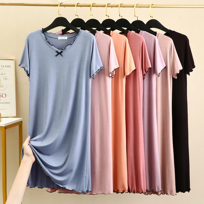 

Modal Short Sleeve Dresses 2024 Summer Women Thin Soft Home Pajama Loose Casual Mid Length Nightdress Simple Solid Bow Nightgown