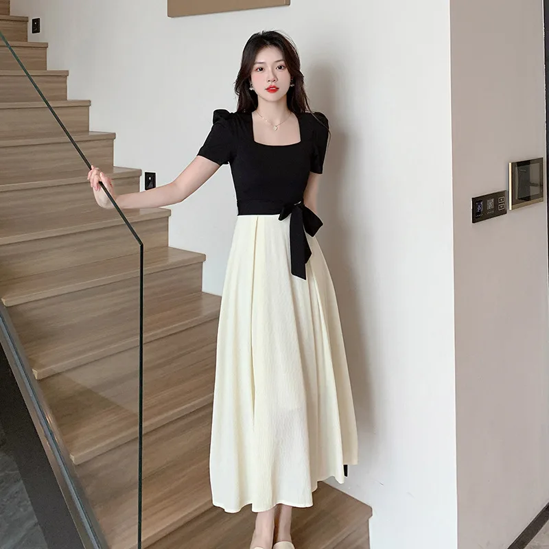 

Real Shot 2024 Summer New French Hepburn Style Black and White Stitching Dress Design Sense Niche Two-Piece Long Skirt