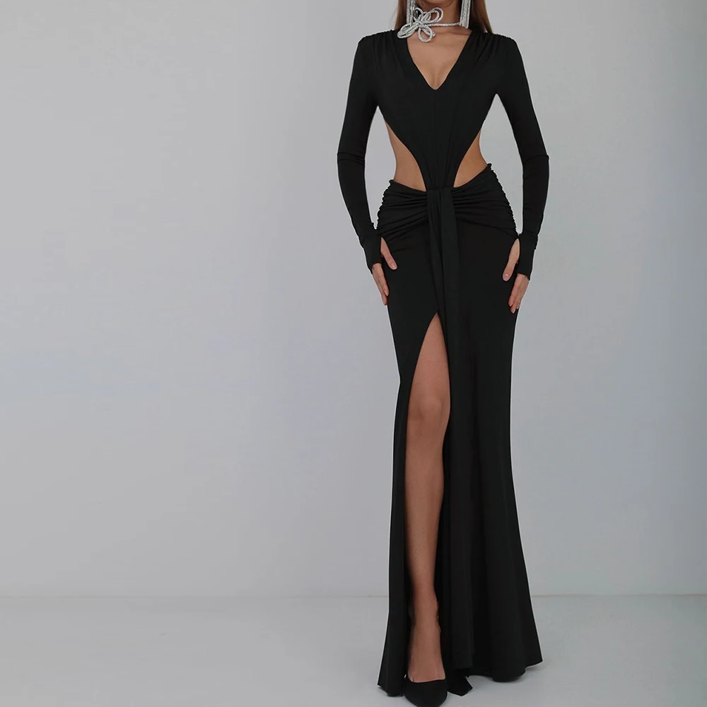 

Elegant Party Evening Dresses Woman V-Neck Long Sleeves Side Silt Straight Sweep Train Floor Length Ribbon Jersey Lace Up Back