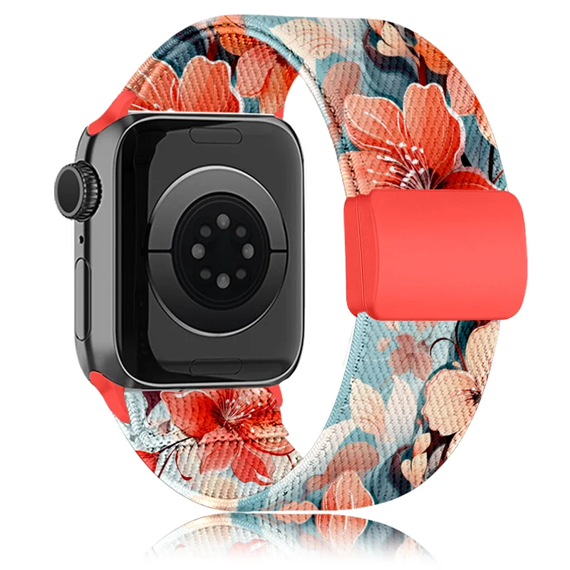 Stretchy Nylon Flower Print Band Compatible With Apple Watch 38mm 40mm 41mm 42mm 44mm 45mm 46mm 49mm For Women Men, Watch Strap