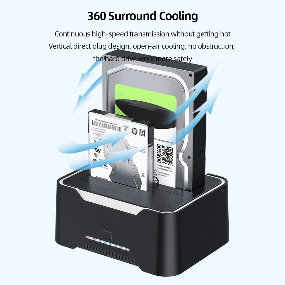Estación de acoplamiento para disco duro, carcasa de 12V, 3A, USB 3,0 a SATA, doble bahía, efecto de lámpara RGB, HDD, SSD, 2,5/3,5 pulgadas