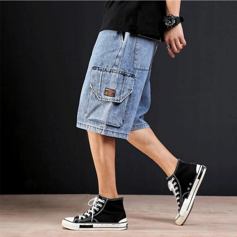 Men\'s Short Jeans Pants Cargo Baggy Drawstring Male Denim Shorts with Pockets Text Wide Loose Original Cowboy Buttons Jorts Sale