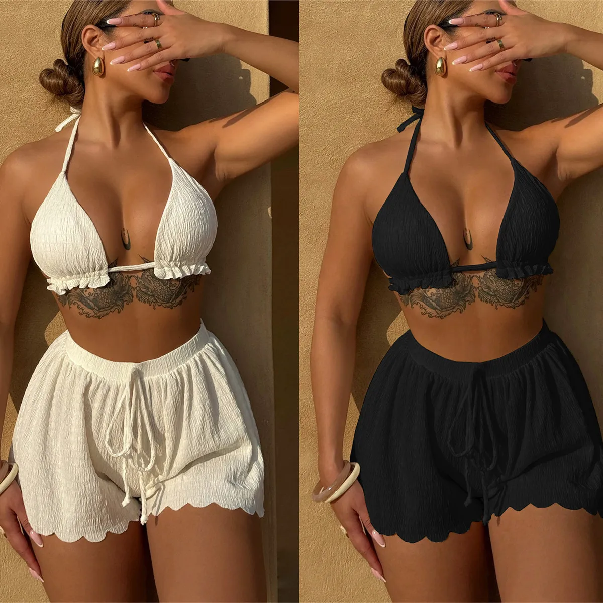 

Sexy Solid Color Bikini Set 3 Piece Women Swimsuit Triangle Top and Bottom bathing suit women