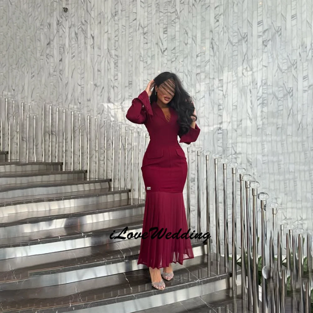 

Customized Attractive Saudi Arabia Women's Evening Dresses 2026 Jersey Sheath Party Gown Burgundy V-neck Prom Dresses Midi 2026