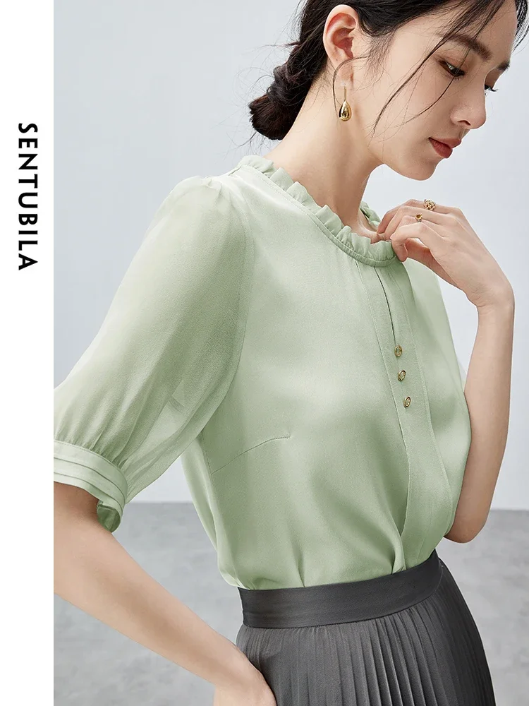 SENTUBILA Round Neck Chiffon Shirt 2024 Korean Commuter Comfort Spliced Summer Short Sleeve Blouses Solid Pullovers 142V55552