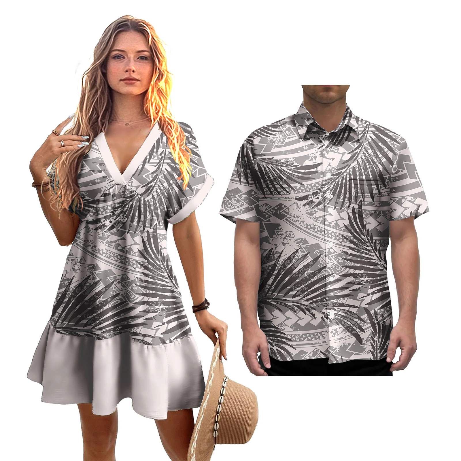 คนรักหวานคู่เสื้อผ้า Polynesian TRIBAL ดอกไม้พิมพ์ CUSTOM Lady Elegant ชุดลําลองผู้ชาย T เสื้อ