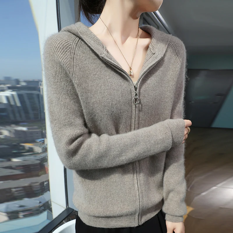 Zipper stripe 100% Merino wool Fall/winter Cashmere sweater Women's o neck cardigan warm bottom knit shirt top