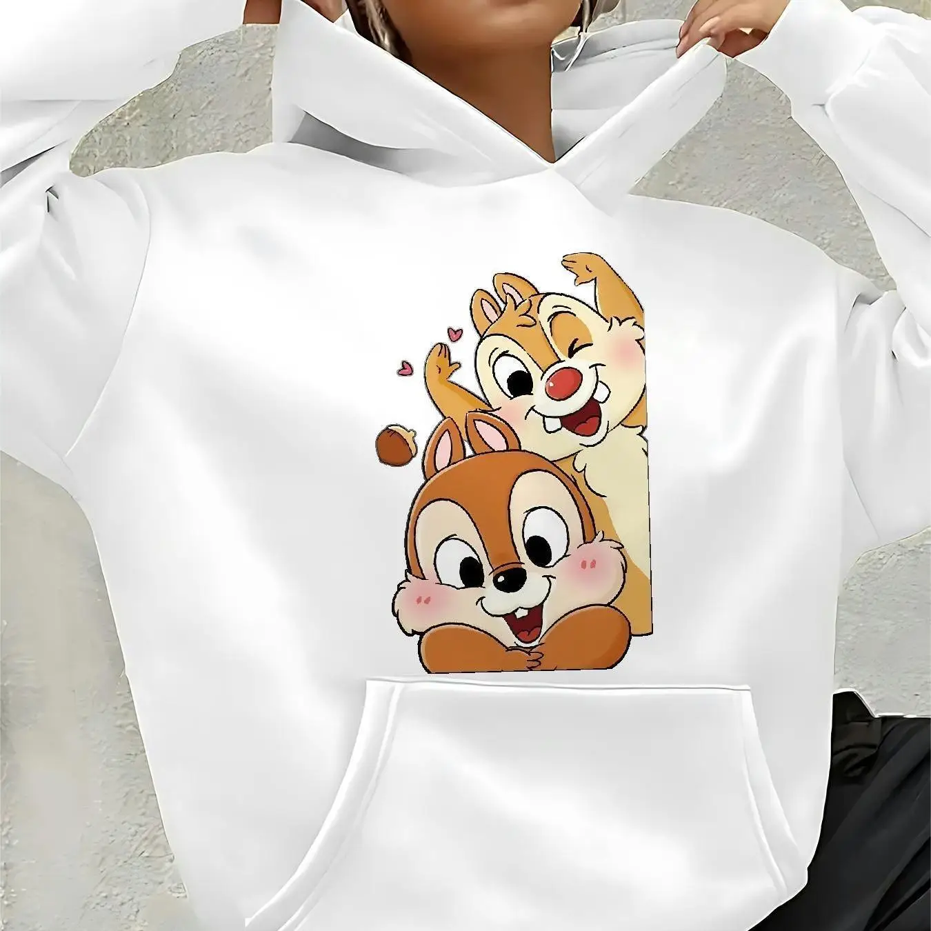 ディズニーチップとデールパターン女性パーカー秋冬カジュアルユニセックスプルオーバースウェットシャツ服パーカーストリートウェアオーバーサイズ