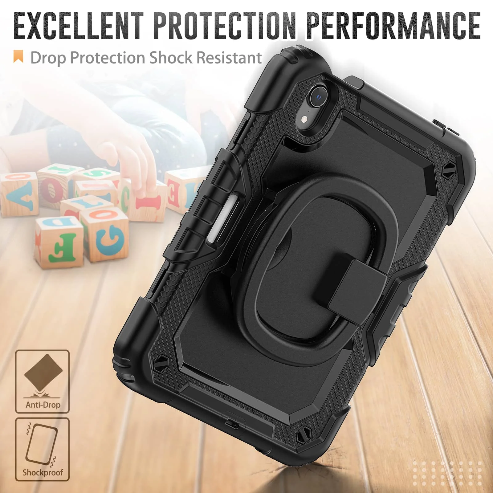 For iPad Mini 7 6 2024, Military Grade Shockproof Silicone Cover with 360 Folding Handle Grip + Handle Shoulder Strap