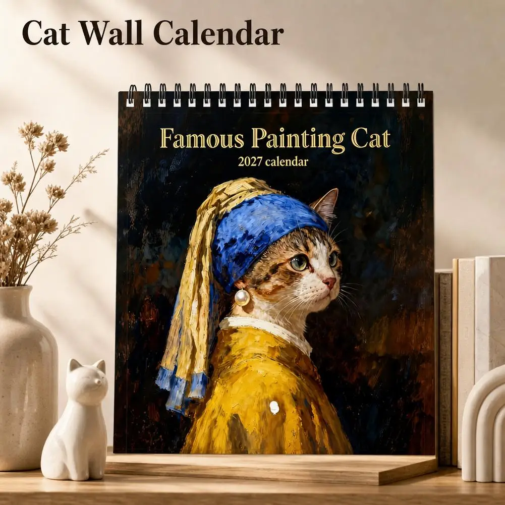 2027 Funny Famous Painting Cat Wall Calendar 12 Month Spiral Binding Vintage Art Hanging Decor Gift for Art Fans Cat Lovers Home
