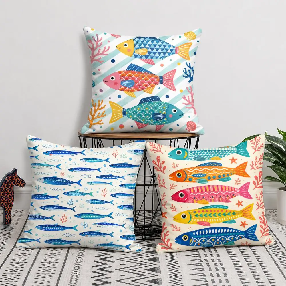 Coastal Ocean Fish Lobster Cushion Cover Soft Short Plush Throw Pillow Cover Decorative Cushion Case for Sofa Bedroom Home Decor