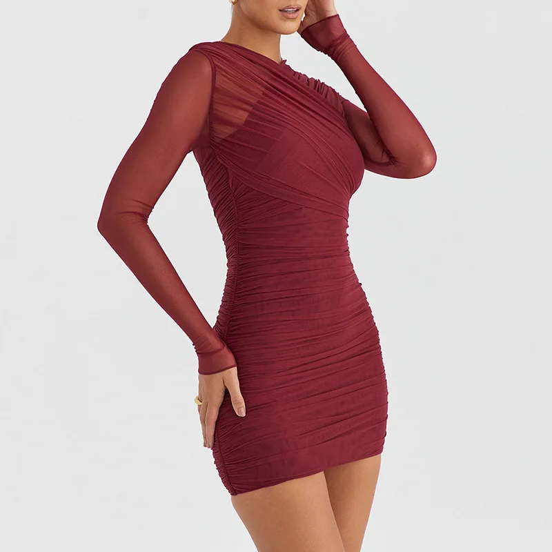 Women's Sheer Mesh Long Sleeve Fashion New Sexy Hot Girl Pleated Bodycon Dress Autumn