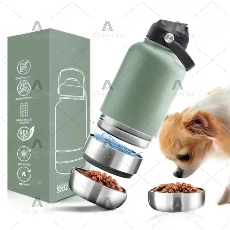 Portable Stainless Steel Pet Feeder 3-in-1 Style Outdoor Travel Bowl with Insulated Dog Water Bottle