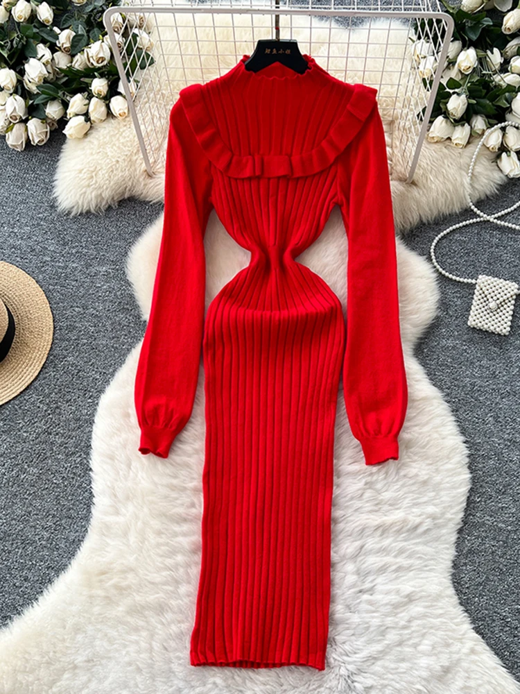 Vestido de malha com borda de fungo francês para mulheres no outono inverno moda sexy cintura cinching camada inferior vestido de lã s186