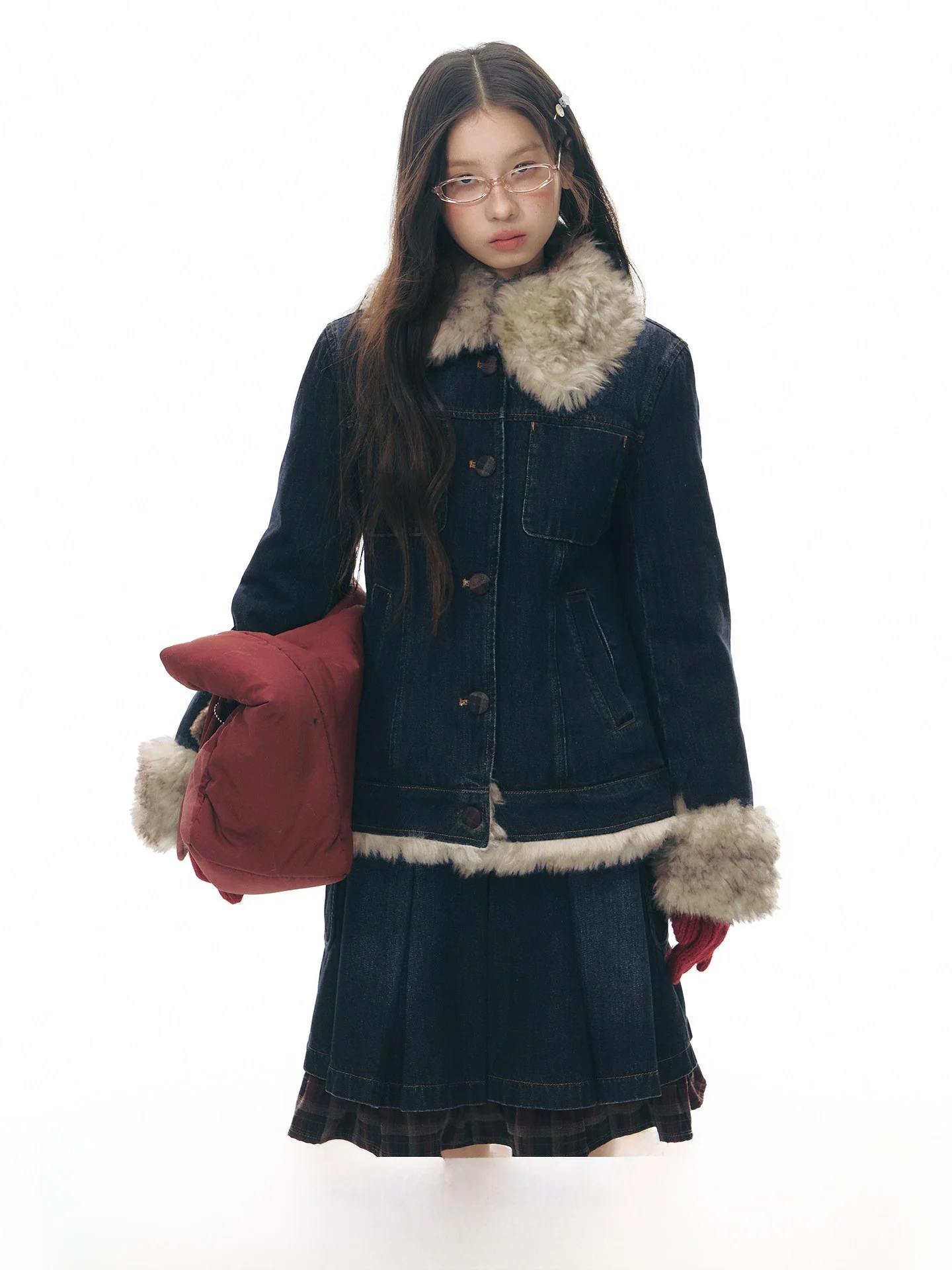 

NAPSNAPS Original Denim Patchwork Fur Collar Jaet Women's Vintage Sle Winter Warm Cotton Coat Detachable Fur Collar