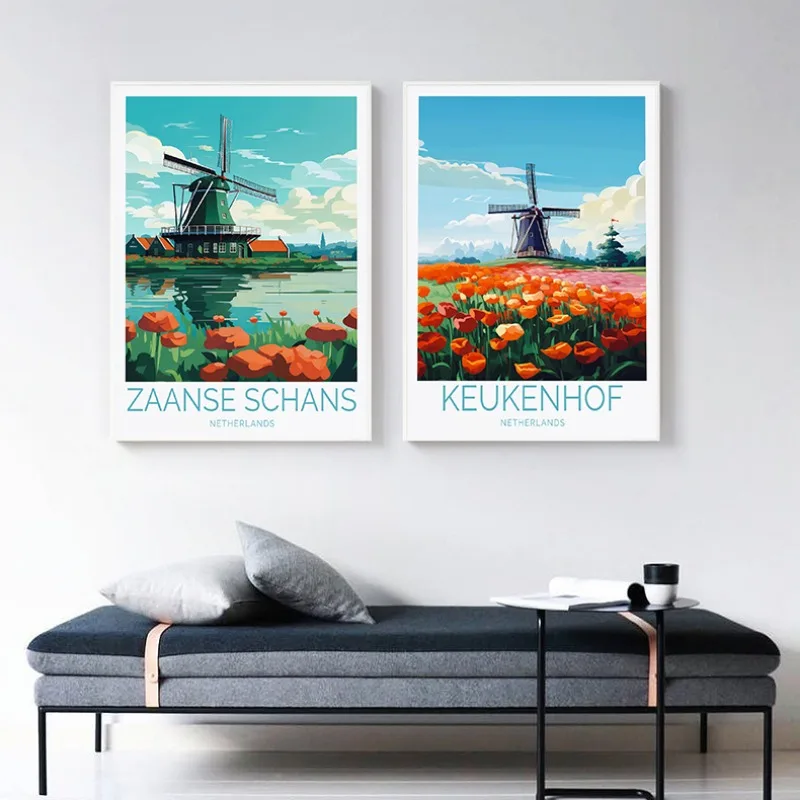 Netherlands City Landscape Holland Travel Poster Amsterdam Hague Keukenhof Zaanse Schans Scenery Canvas Art Painting Home Decor