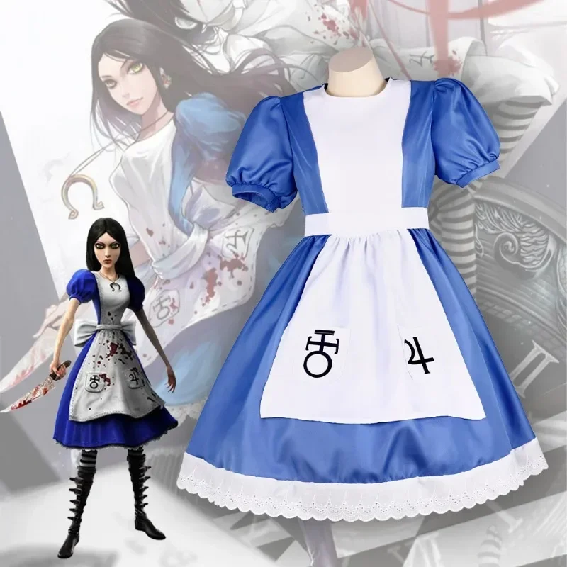 

FC6Alice Cosplay Game Madness Return Lolita Blue Long Dresses Maid's Outfit Role Play Maid Women Christmas Party Carnival@FC8！