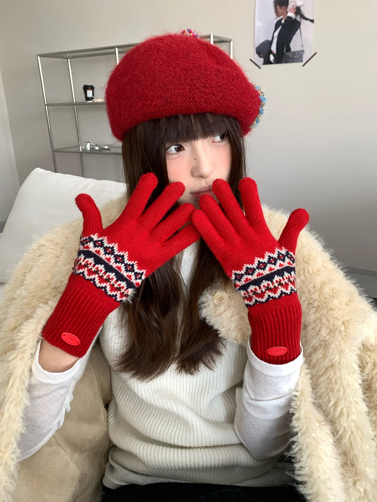 タッチスクリーンレトロフェアアイルカラーワークニット手袋女性用冬乗馬暖かく防寒指なし