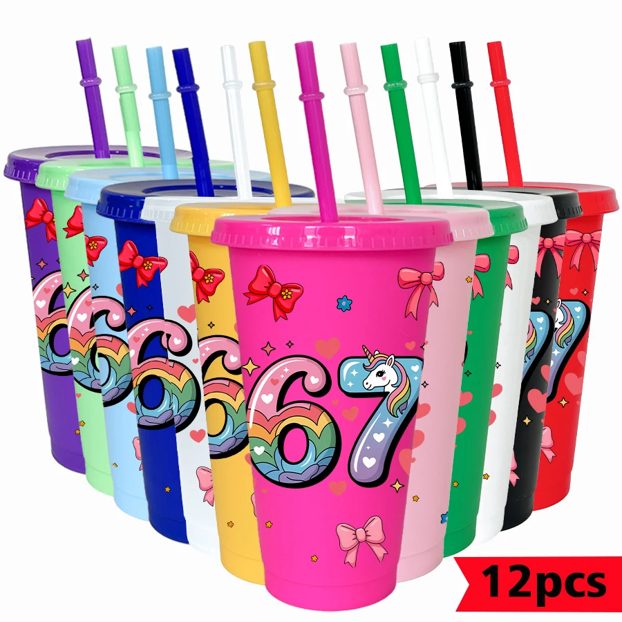 

12Pcs/pack bow unicorn pattern 26oz colorful plastic tumbler birthday party drinking utensils homecoming water cup