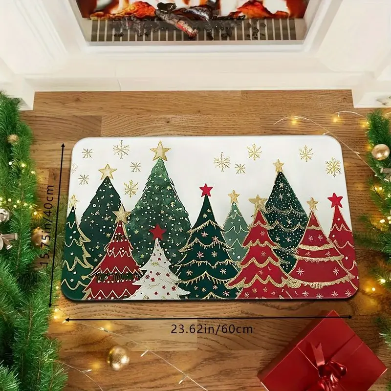 VIKAMA Christmas Welcome Doormat Christmas Tree Non‑Slip Washable Bedroom Kitchen Floor Mat Indoor Outdoor Home Xmas Decor