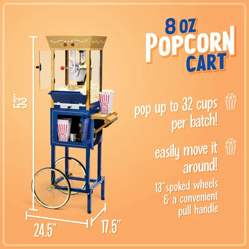 Popcorn Maker Machine - Professional Cart With   Vintage Popcorn Machine Movie Theater Style - Navy & Gold