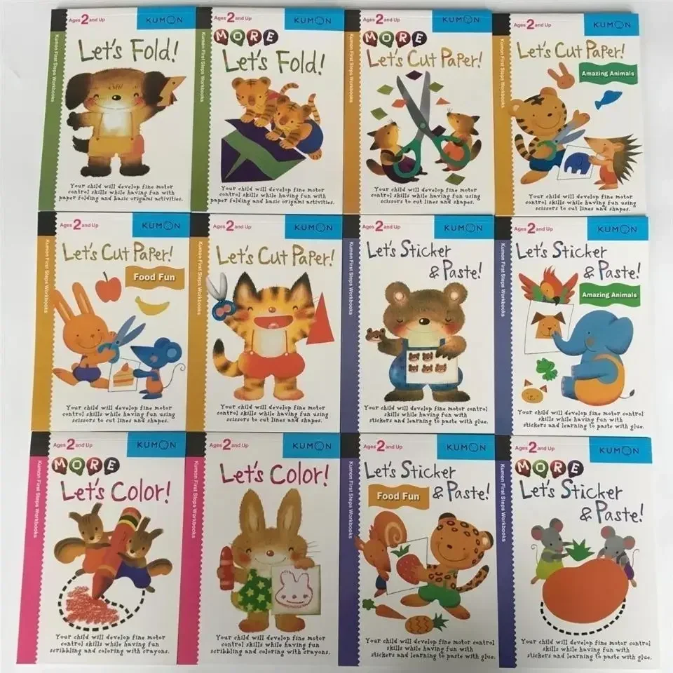 12 szt./zestaw Kumon Let's Cut Paper First Step Workbooks Książeczki z obrazkami dla dzieci, papier do origami, naklejki do wycinania, rękodzieło, książki