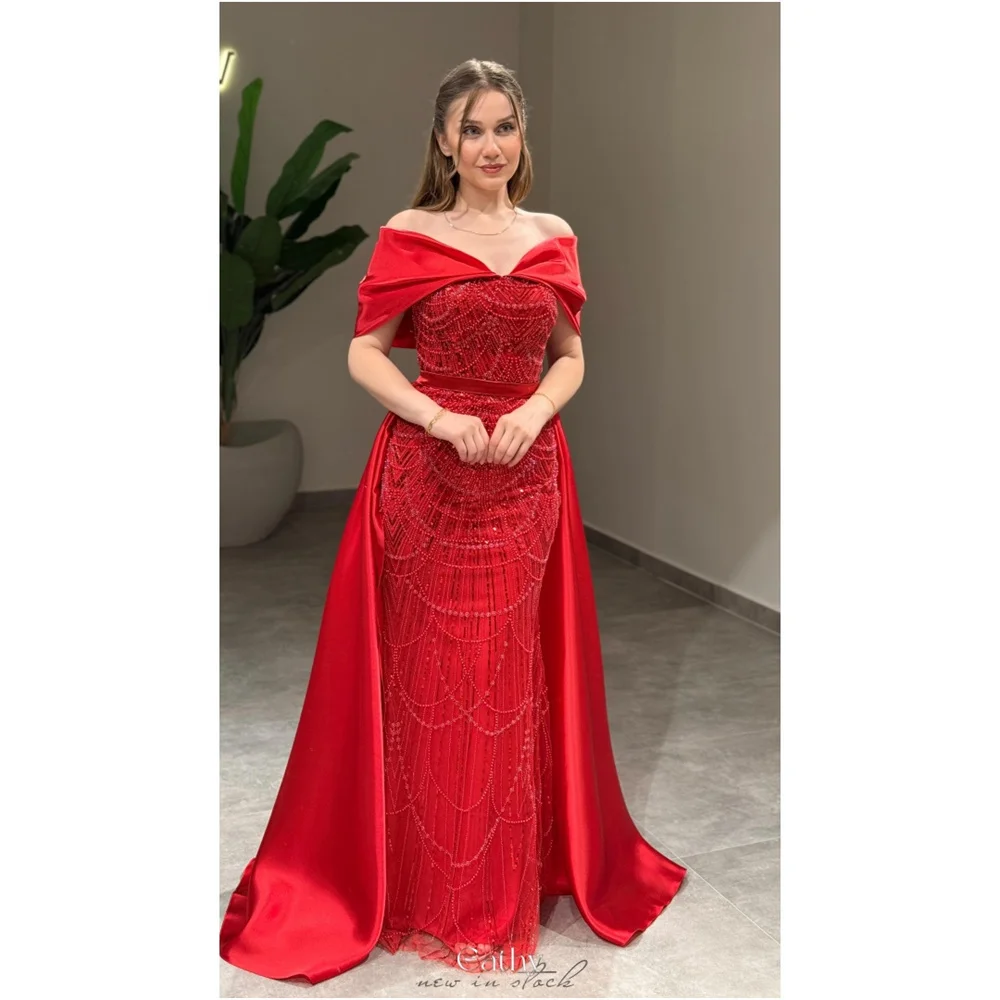 

Cathy Customized Red Beading Off the Shoulder Prom Dresses Bow Collar Floor-Length robes de soirée Detachable Train Formal 2025