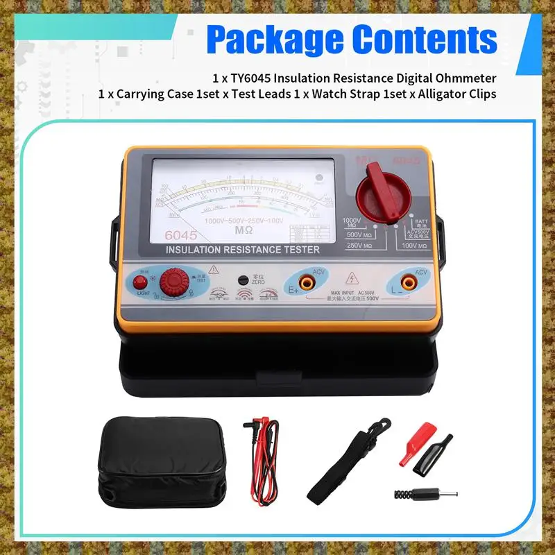 F-F TY6045 مقاومة العزل مقياس المقاومة الرقمي يده تستر ميغاميتر 0-2000MΩ 100 فولت/250 فولت/500 فولت/1000 فولت دقة عالية