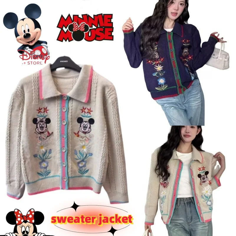 

New Disney Mickey Minnie cartoon cute knitted sweater autumn warm cardigan personalized creative color-blocking embroidered coat