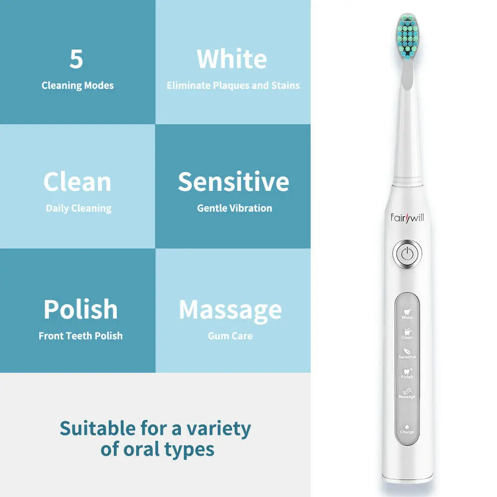 Fairywill-Brosse à dents électrique sonique pour adultes, étanche, livres iniques, 4 têtes de rechange, FW507