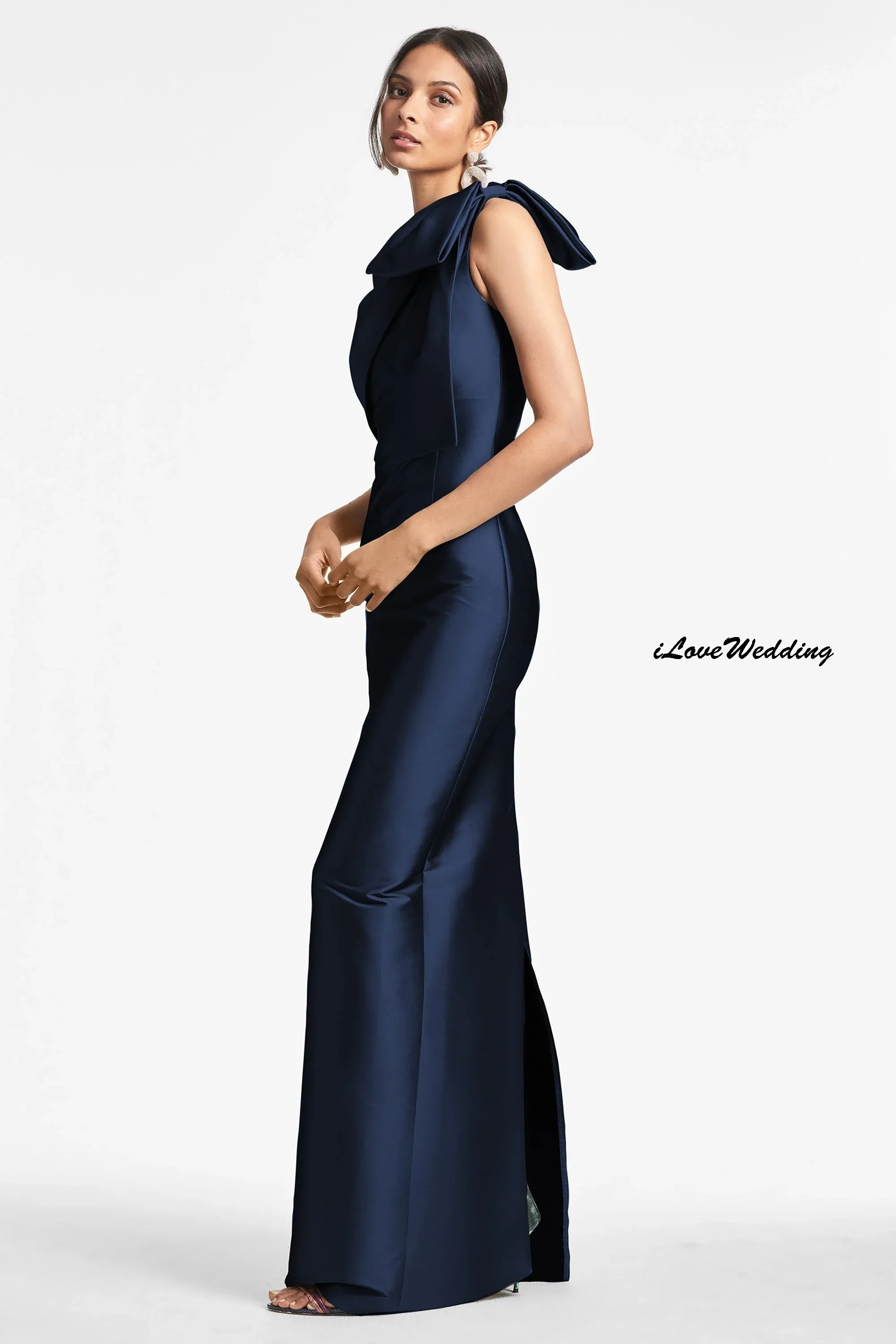 

Navy Blue One Shoulder Evening Dresses Mermaid Bow Elegant Woman Party Dress Satin Sleeveless Formal Gowns For Woman Customized