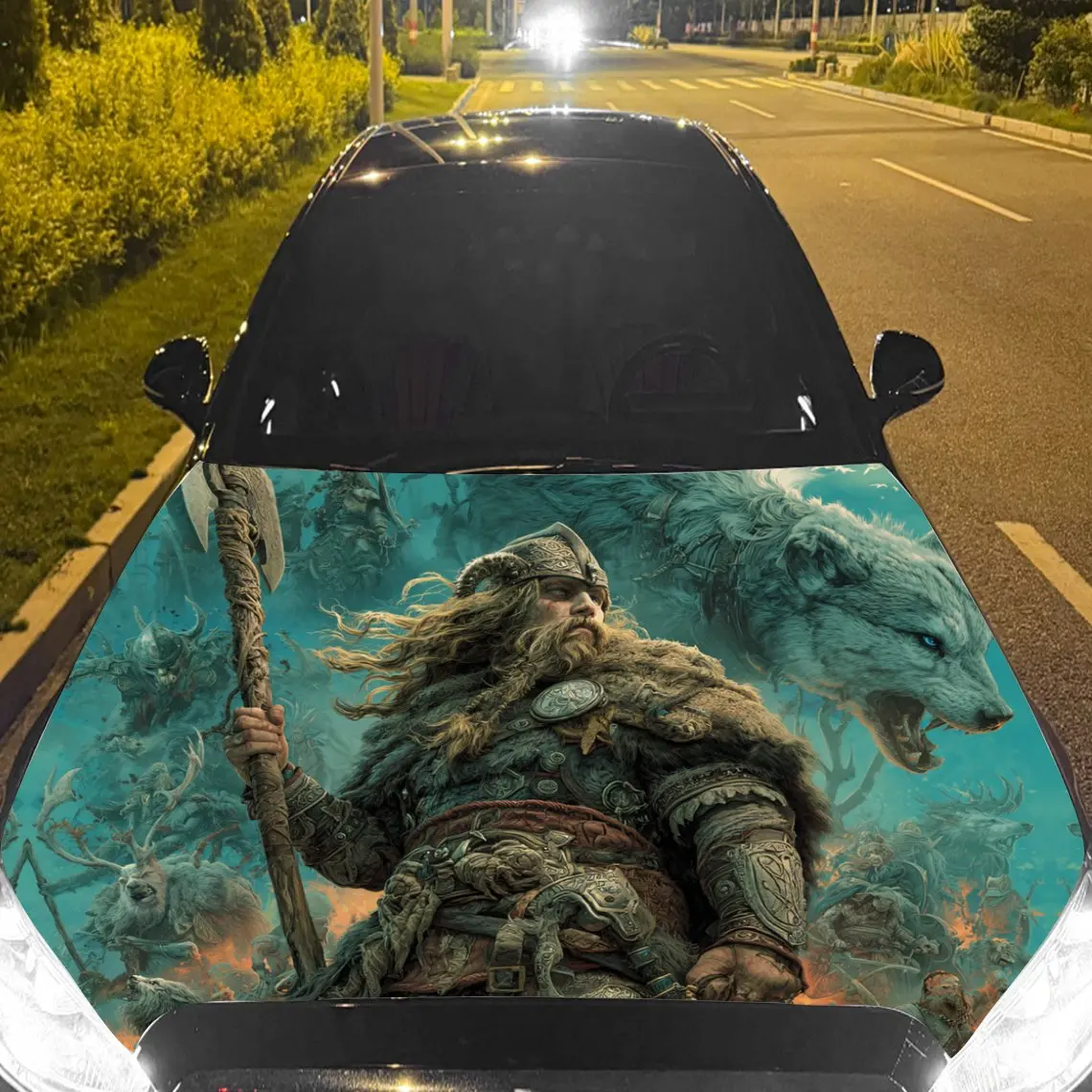 

Nordic Viking Warrior and Giant Wolf Car Vinyl Wrap, PVC Material Waterproof Car Hood Sticker, Self-Adhesive Scratch-Resistant S