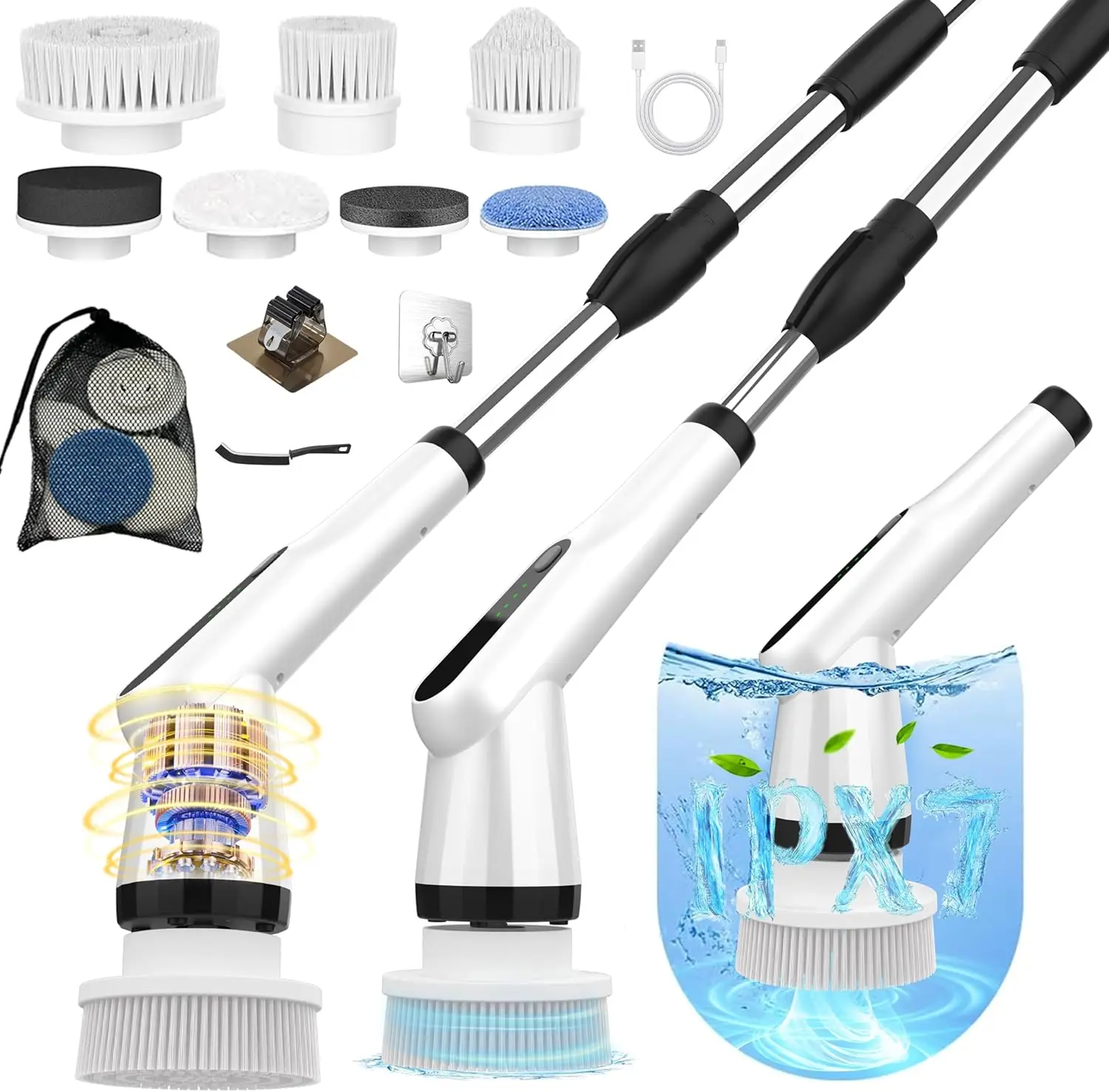 

Electric Spin Scrubber with 7 Replaceable Heads & Retractable Handle, Adjustable Speed for Bathroom, Kitchen, Tile Cleaning