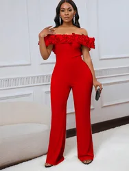 Women's 2024 new sexy tight solid color one-line collar ruffled off-the-shoulder short-sleeved jumpsuit