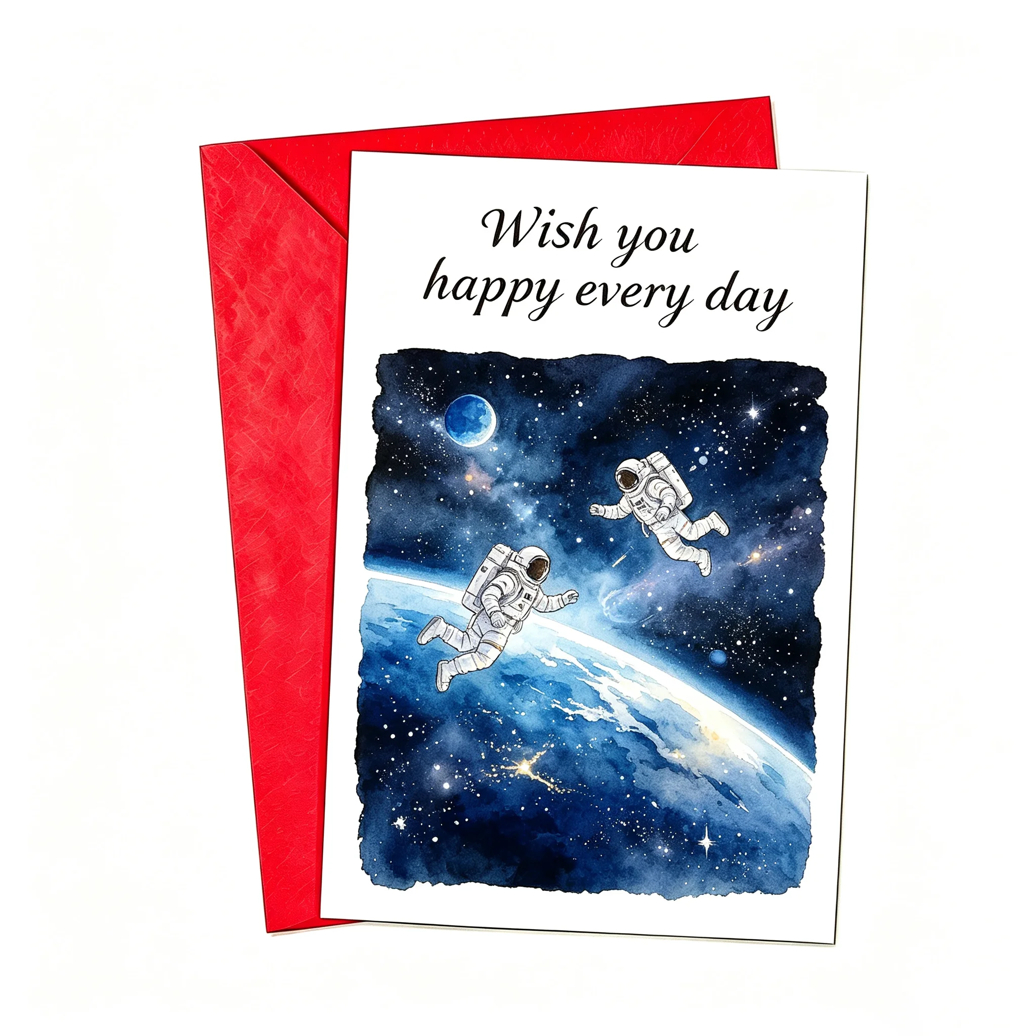Carte de Vœux Astronaute Espace Ciel Étoilé Aquarelle Je Vous Souhaite Bonheur Tous les Jours Carte Polyvalente Amitié Remerciements Avec Enveloppe Rouge