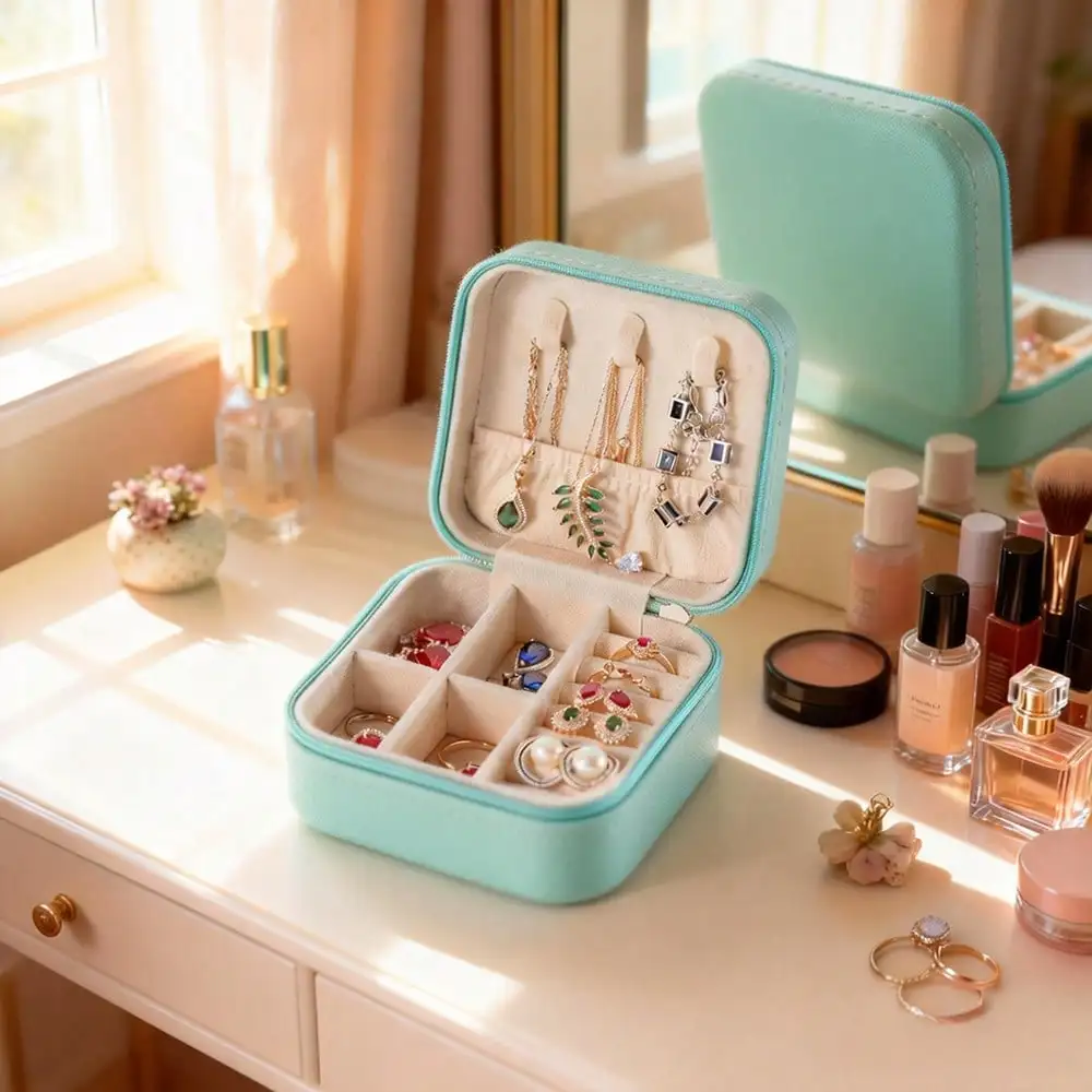 

Portable Travel Jewelry Box, Small Jewelry Storage Box, Detachable Partition+Necklace Hook+Ring Slot+Earring Compartment