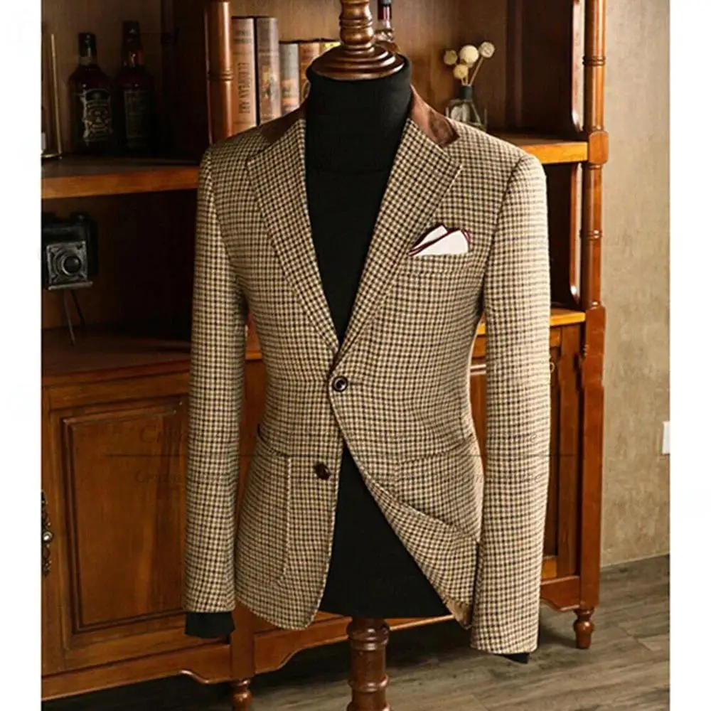 

Fashion Notched Lapel Houndstooth Plaid Business Suit Jacket Man Blazer Formal Party Prom Tuxedos Custom Suit Only Jackets