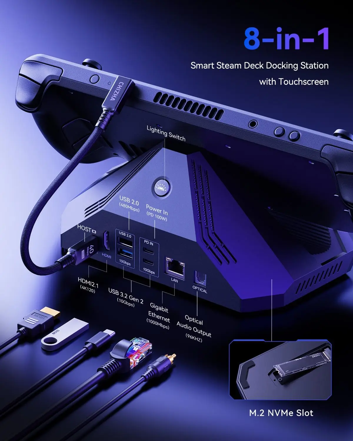 Docking Station for Steam Deck OLED, USB-C HUB with 100W PD, Optical Audio & 4K@120Hz HDMI, 4TB NVMe SSD Slot for Steam Deck LCD